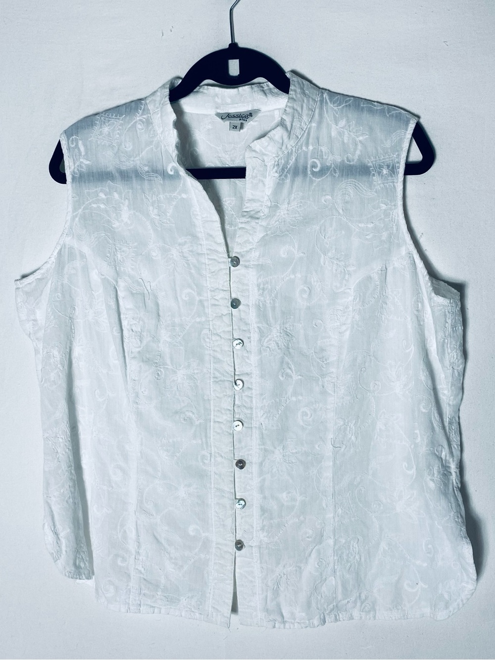Vintage Y2K Jessica Plus White Embroidered Cotton Eyelet Button Up Vest Top 2X